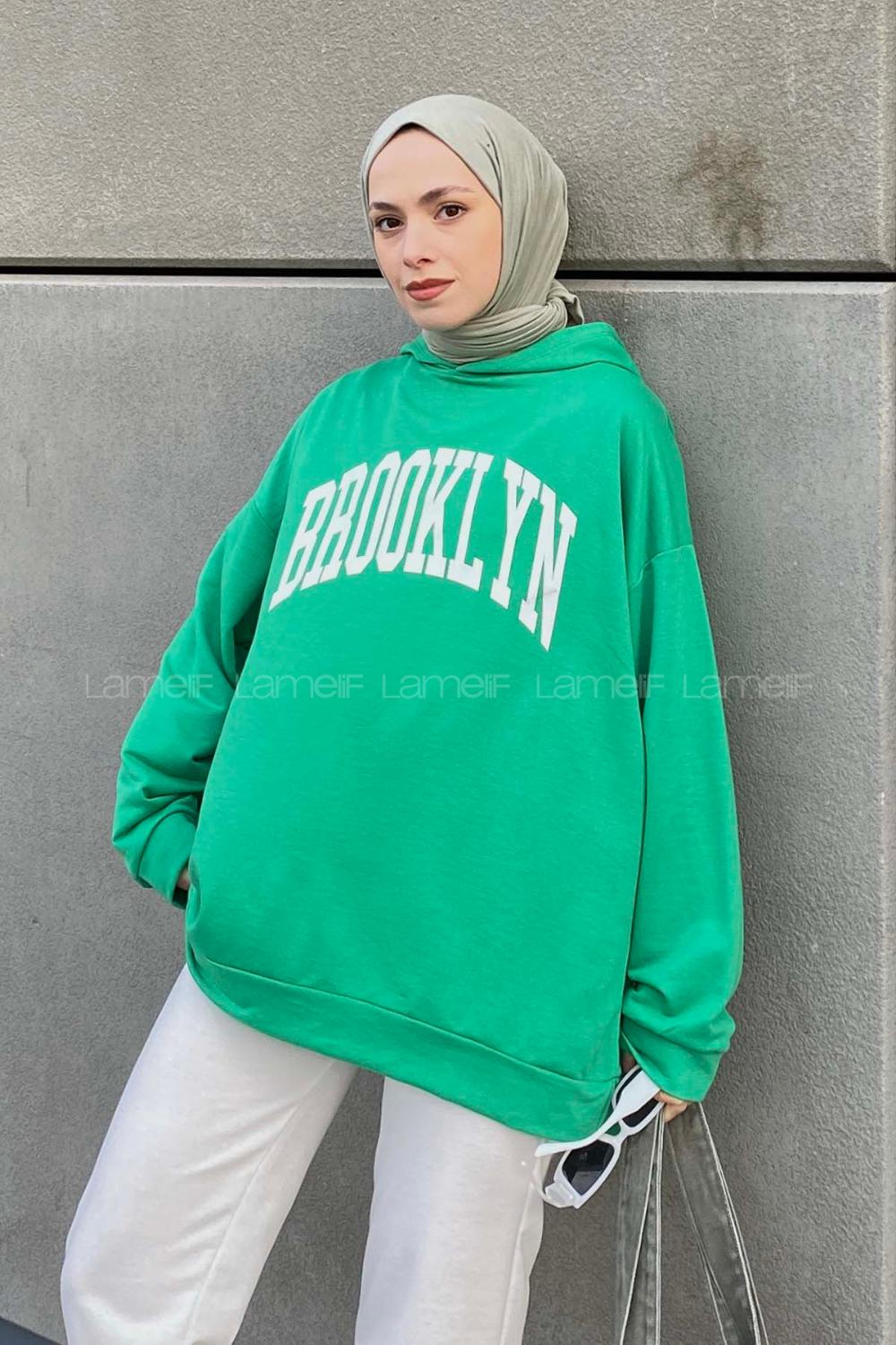 Lamelif Brooklyn Baskı Detaylı Kapüşonlu Sweatshirt Yeşil