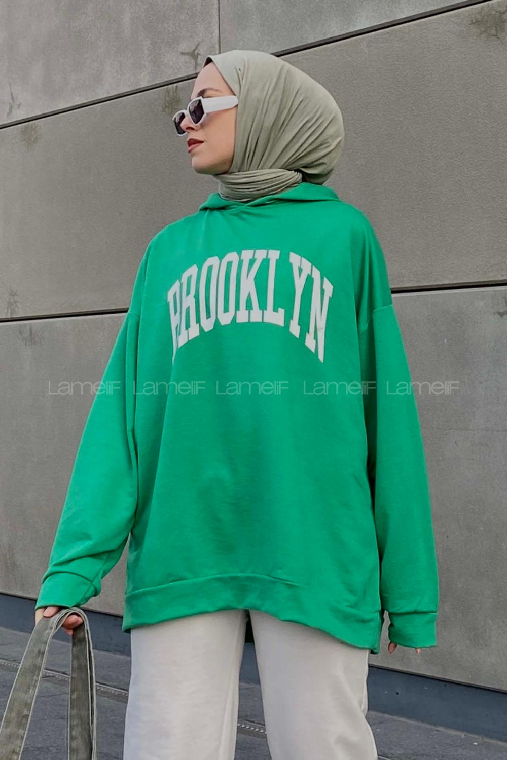 Lamelif Brooklyn Baskı Detaylı Kapüşonlu Sweatshirt Yeşil