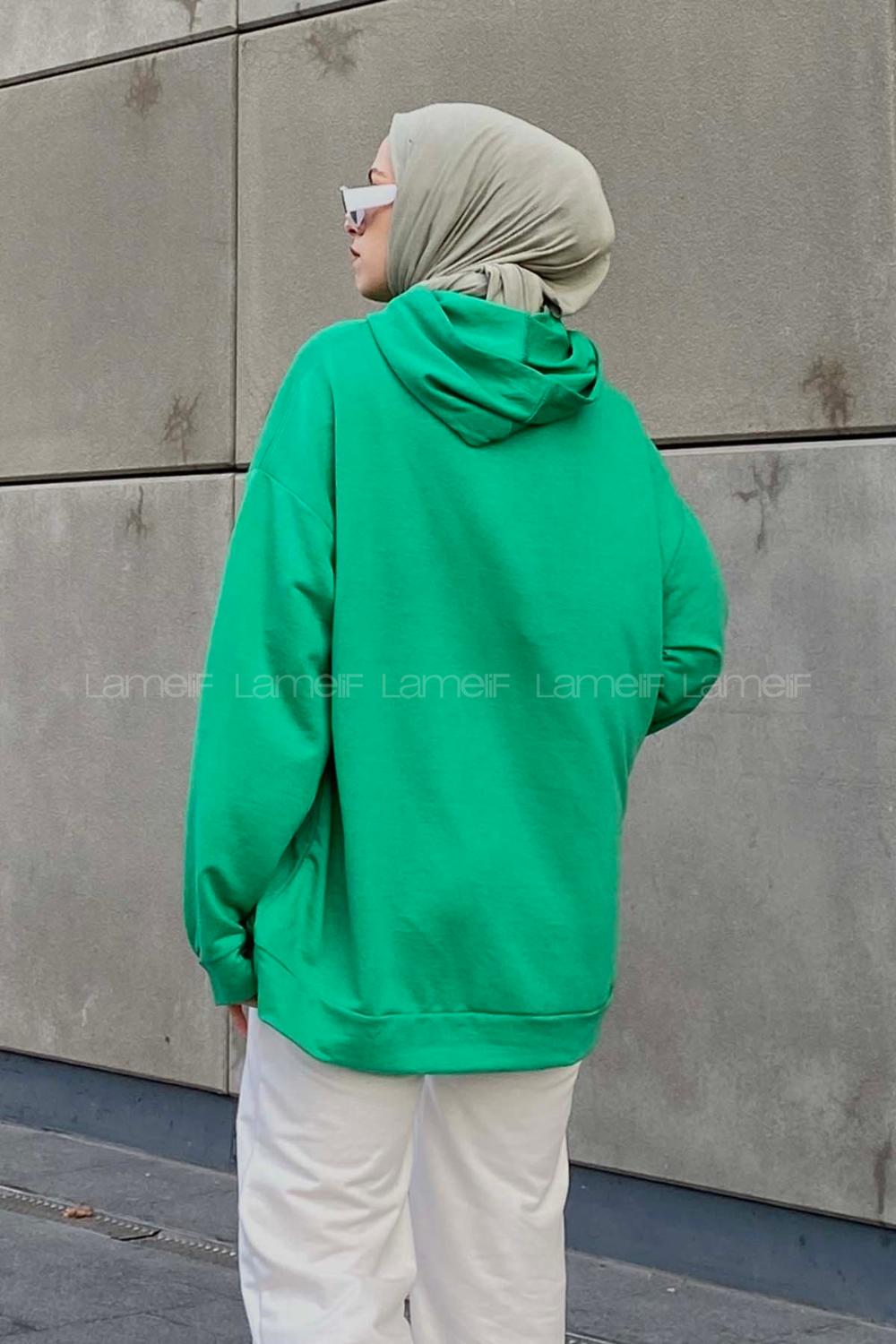 Lamelif Brooklyn Baskı Detaylı Kapüşonlu Sweatshirt Yeşil