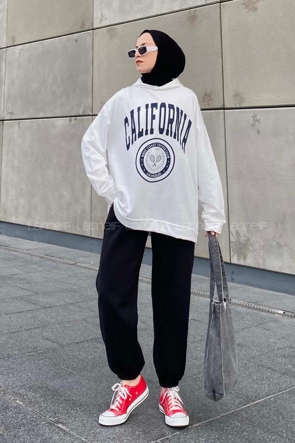 Lamelif California Baskı Detaylı Kapüşonlu Sweatshirt Beyaz