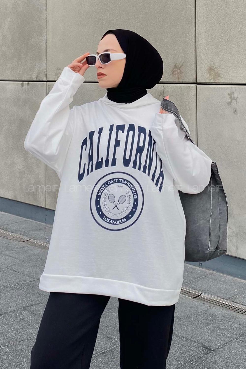Lamelif California Baskı Detaylı Kapüşonlu Sweatshirt Beyaz