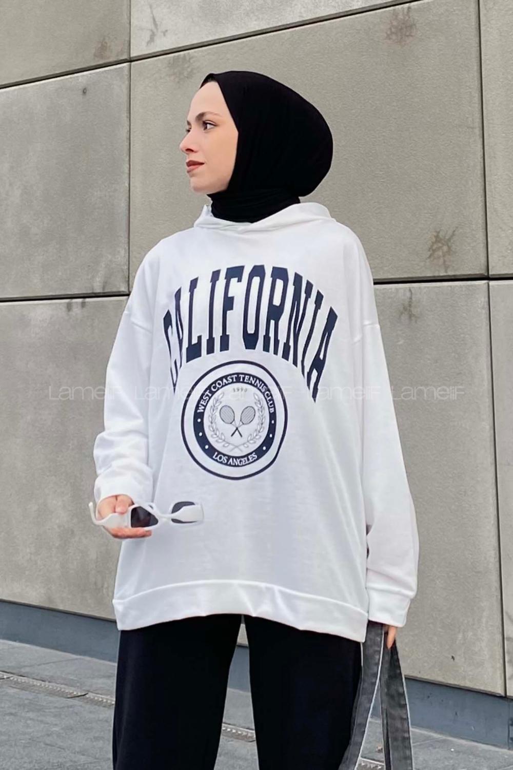 Lamelif California Baskı Detaylı Kapüşonlu Sweatshirt Beyaz