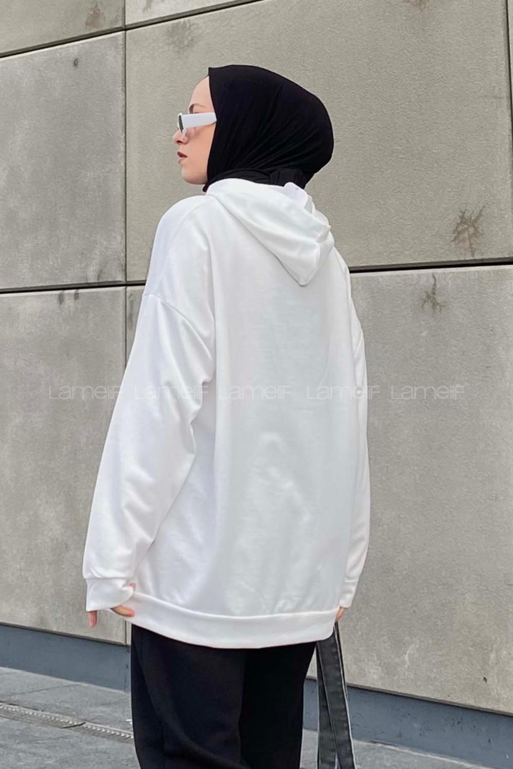 Lamelif California Baskı Detaylı Kapüşonlu Sweatshirt Beyaz