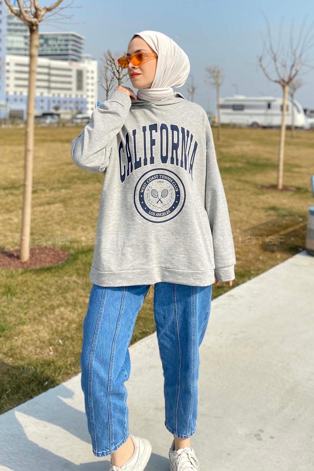 Lamelif California Baskı Detaylı Kapüşonlu Sweatshirt Gri