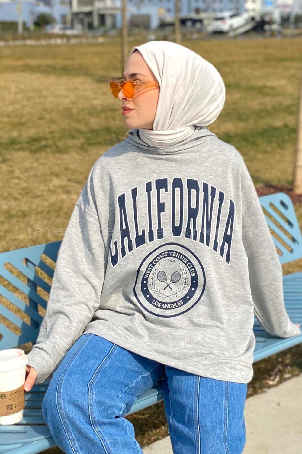 Lamelif California Baskı Detaylı Kapüşonlu Sweatshirt Gri