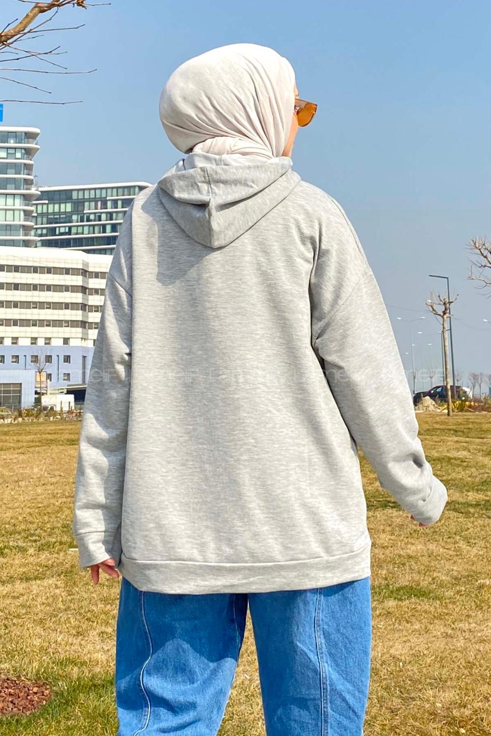 Lamelif California Baskı Detaylı Kapüşonlu Sweatshirt Gri