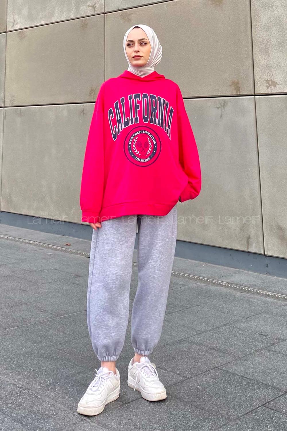 Lamelif California Baskı Detaylı Kapüşonlu Sweatshirt Pembe