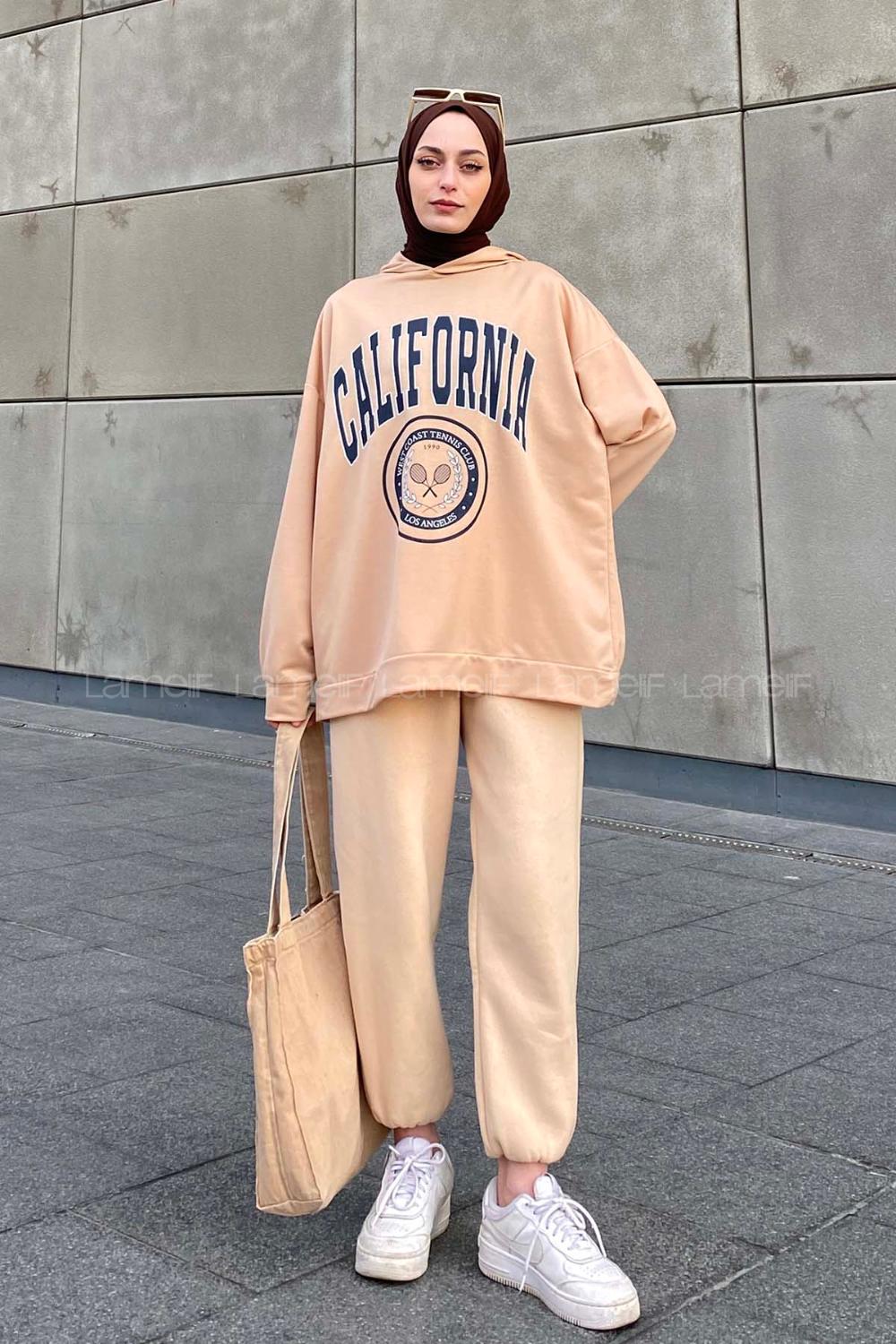 Lamelif California Baskı Detaylı Kapüşonlu Sweatshirt Sütlükahve