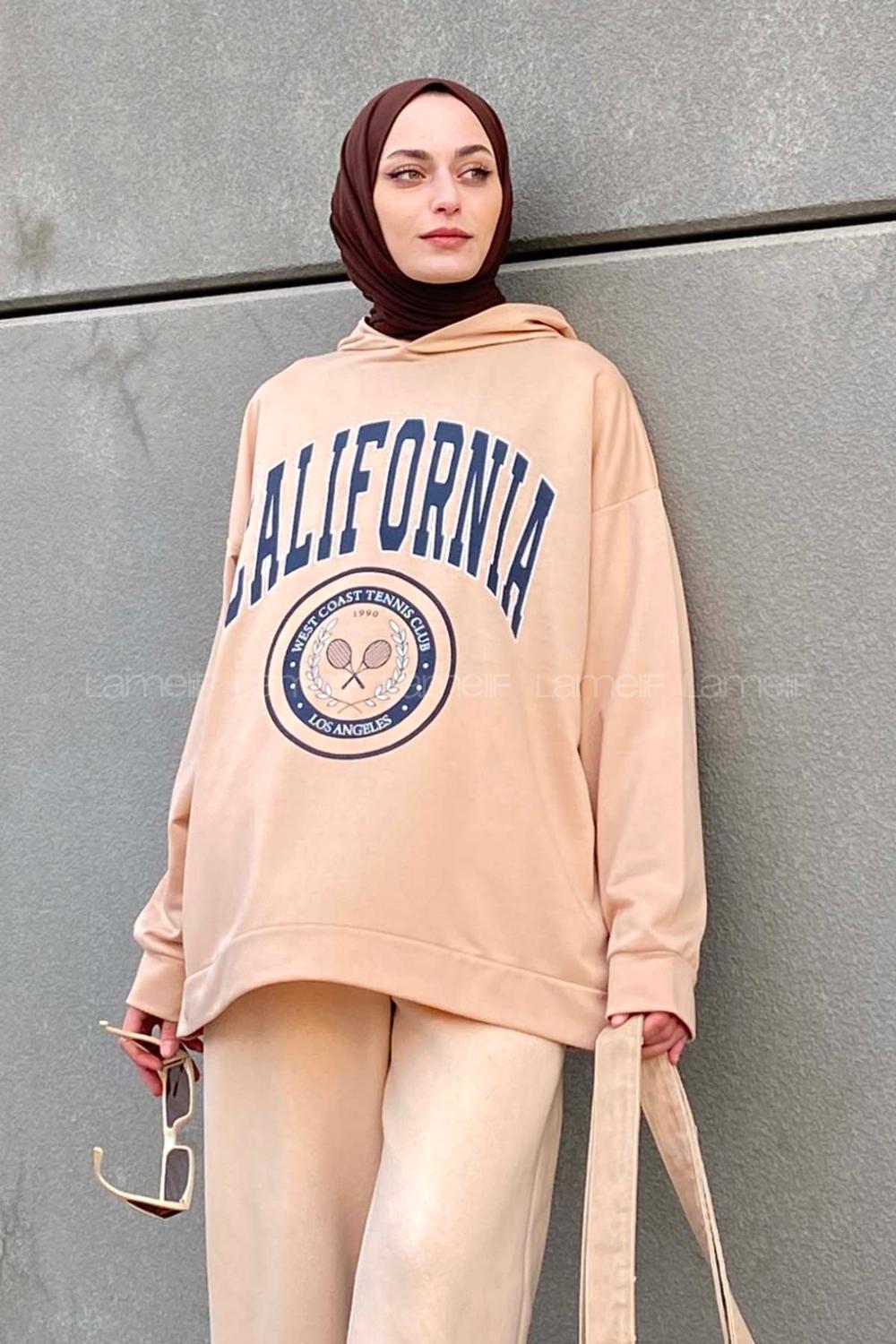 Lamelif California Baskı Detaylı Kapüşonlu Sweatshirt Sütlükahve