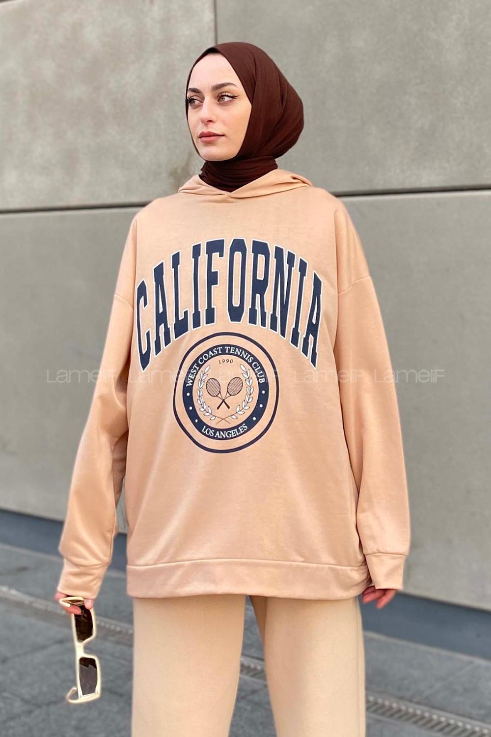 Lamelif California Baskı Detaylı Kapüşonlu Sweatshirt Sütlükahve