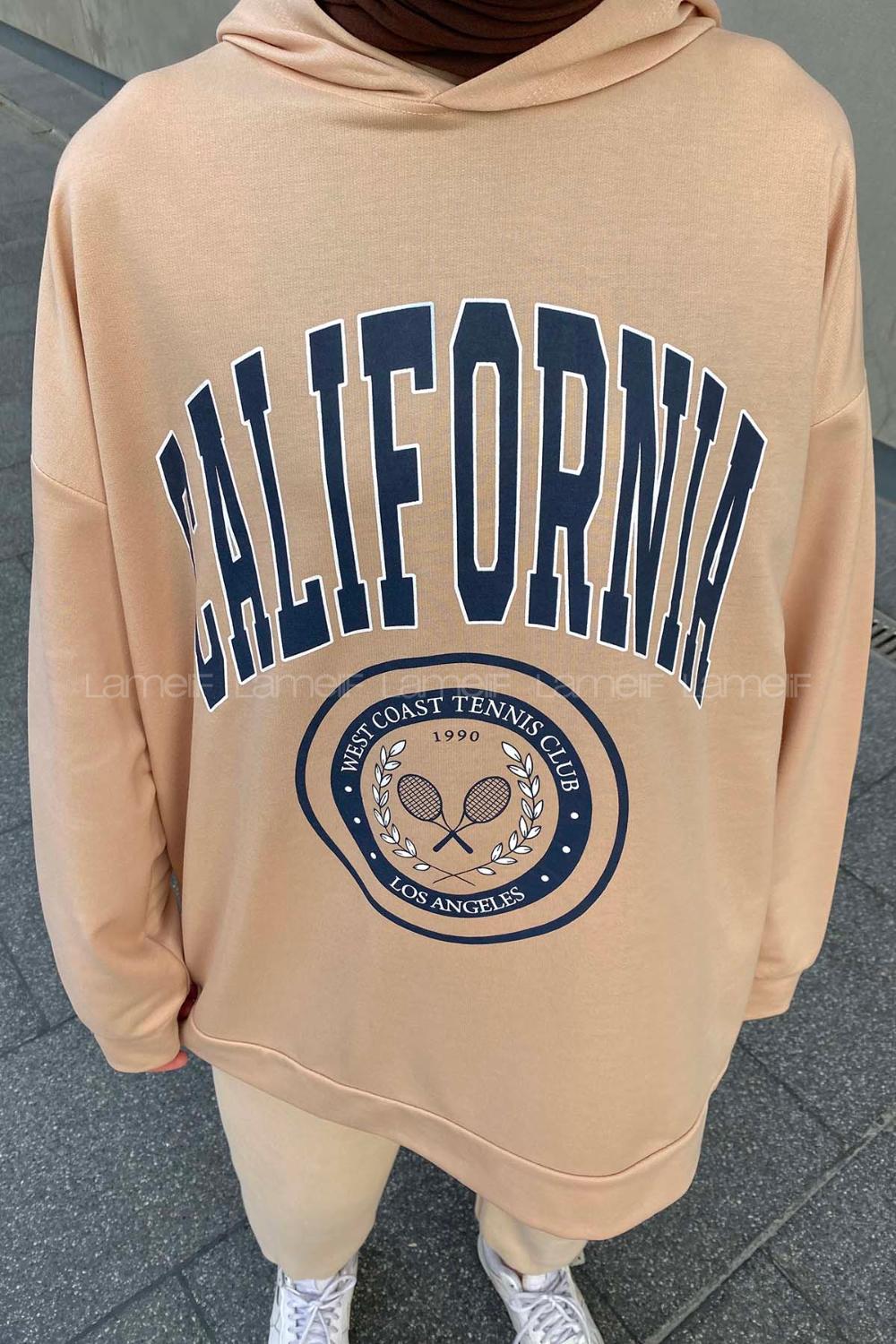 Lamelif California Baskı Detaylı Kapüşonlu Sweatshirt Sütlükahve