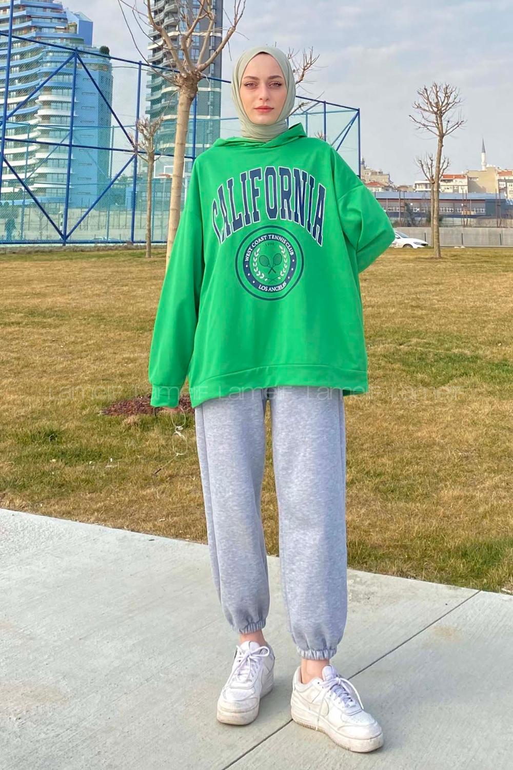 Lamelif California Baskı Detaylı Kapüşonlu Sweatshirt Yeşil