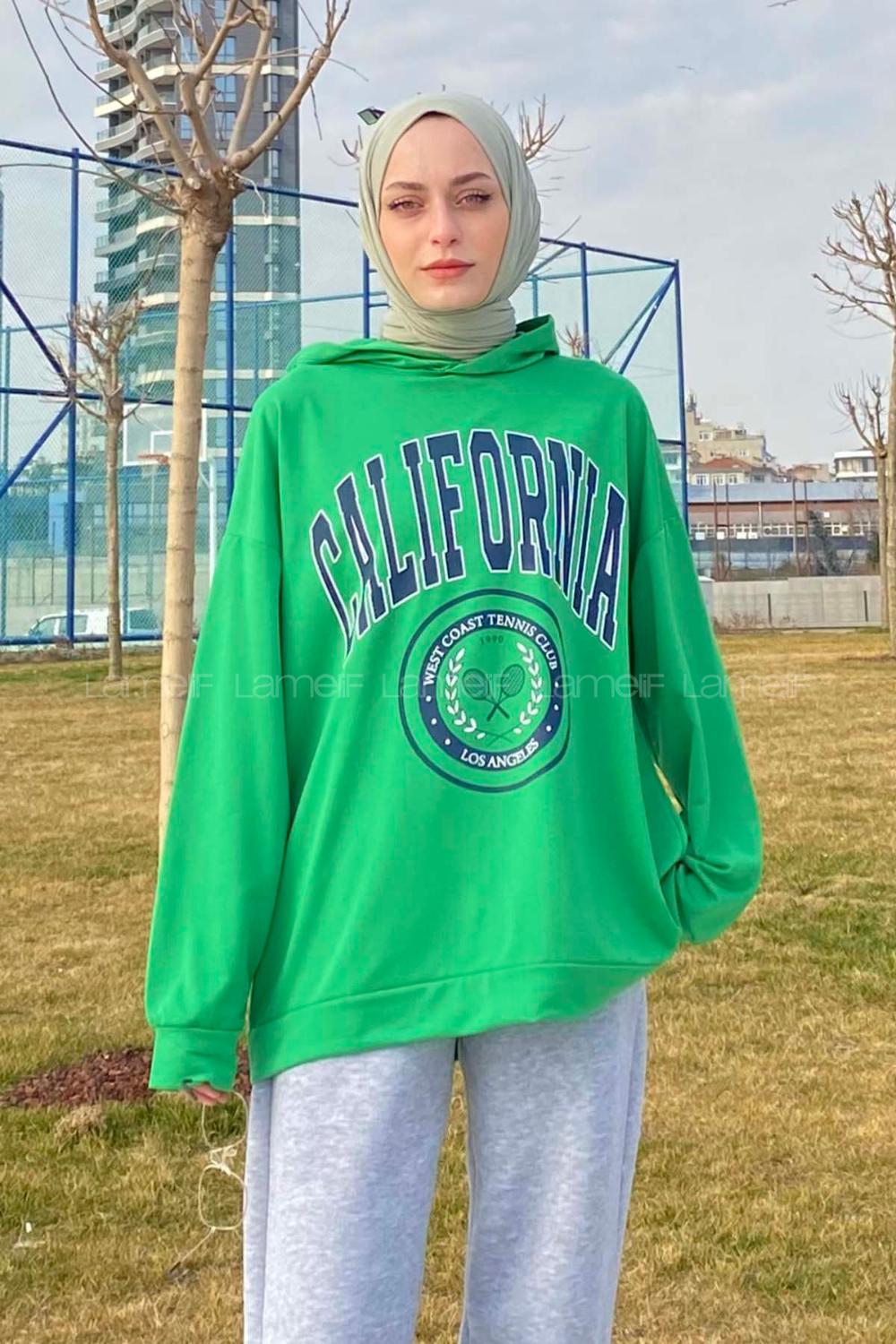 Lamelif California Baskı Detaylı Kapüşonlu Sweatshirt Yeşil