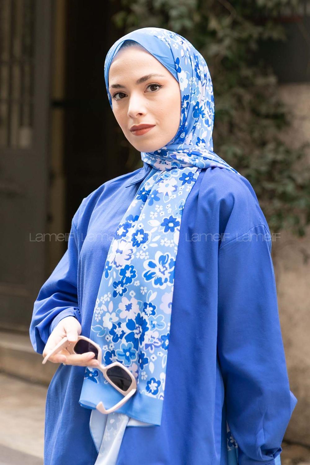 Lamelif Flora Desen Mos Serisi Şal Gök Mavi