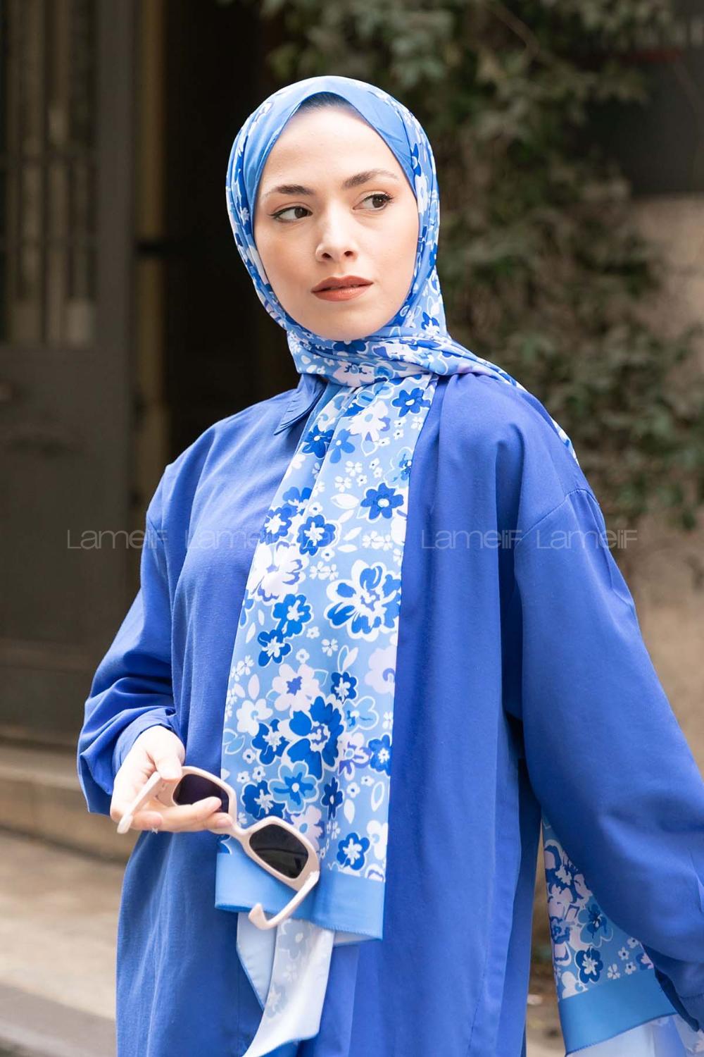 Lamelif Flora Desen Mos Serisi Şal Gök Mavi