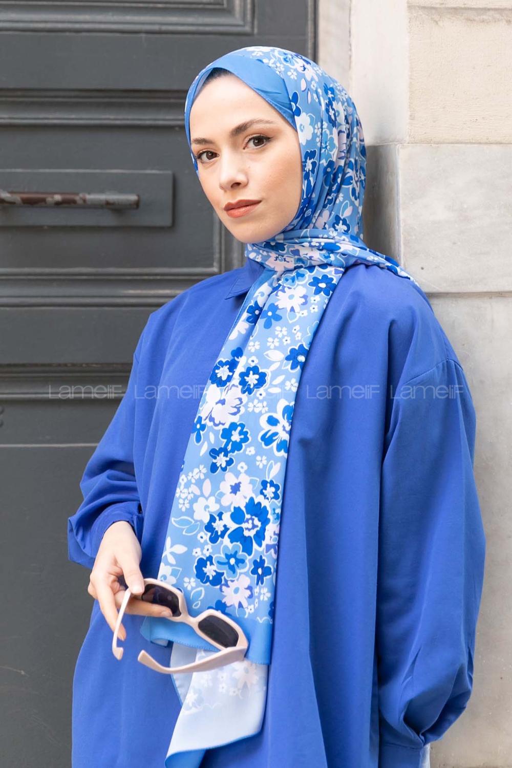 Lamelif Flora Desen Mos Serisi Şal Gök Mavi