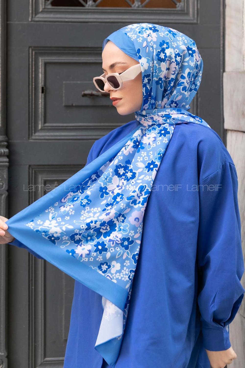 Lamelif Flora Desen Mos Serisi Şal Gök Mavi