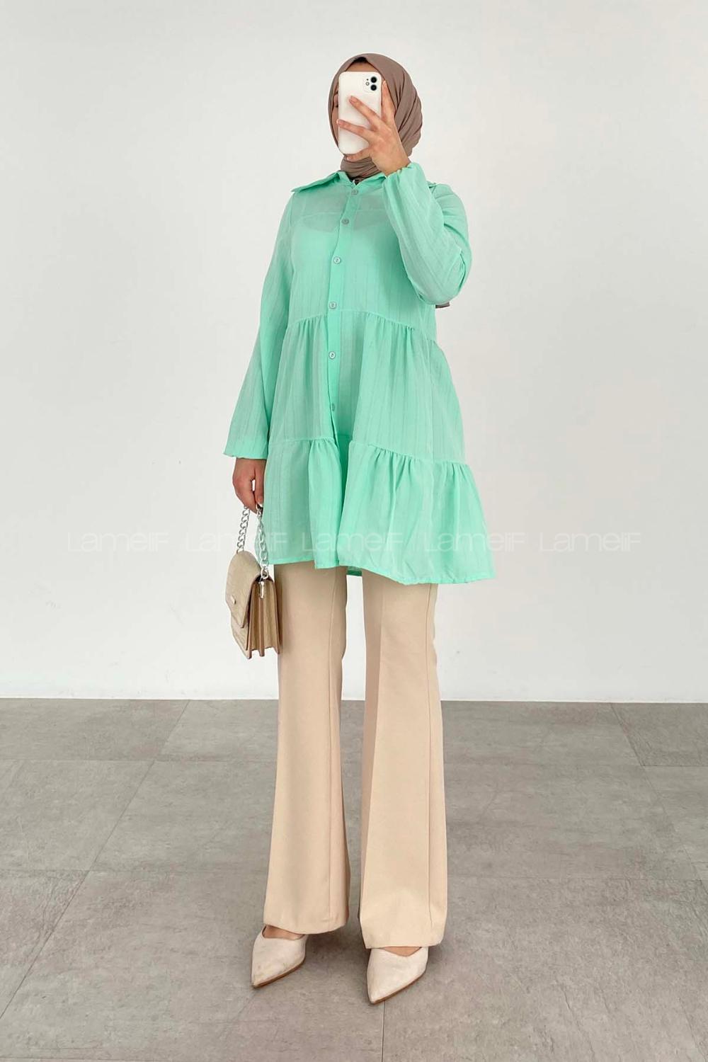 Water Green Shirt Collar Long Arm Unprinted Shirt