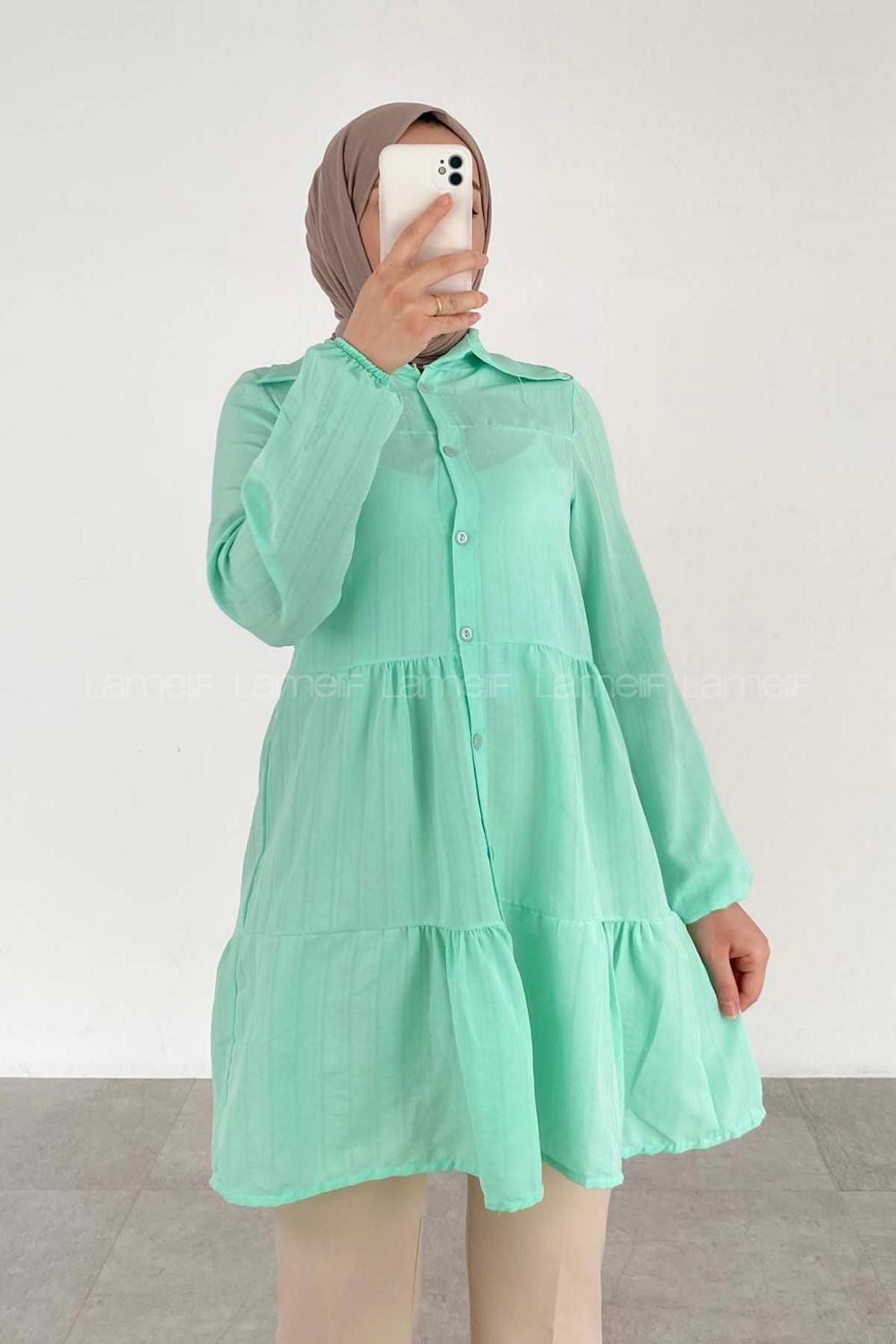 Water Green Shirt Collar Long Arm Unprinted Shirt