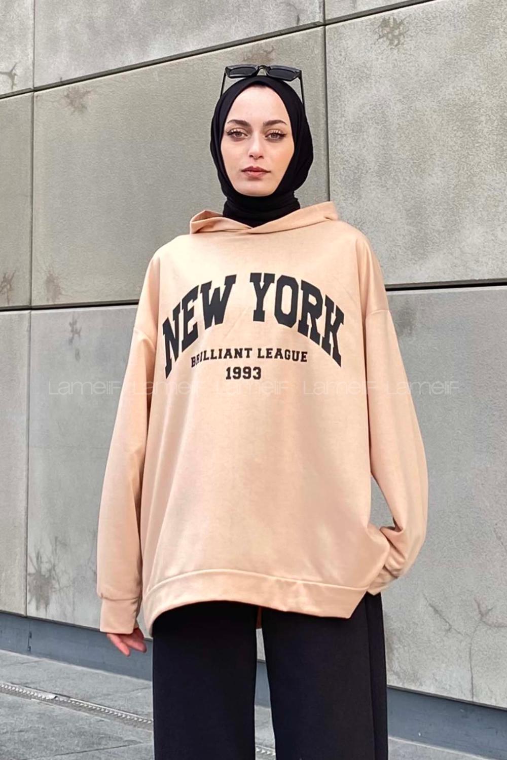 Lamelif Newyork Baskı Detaylı Kapüşonlu Sweatshirt Sütlükahve