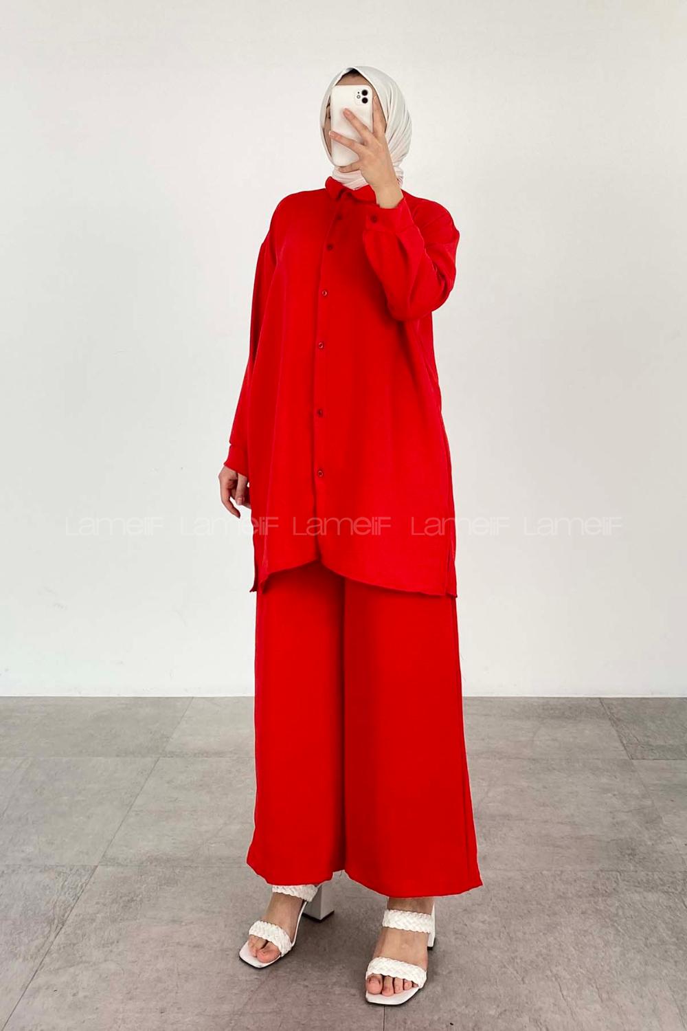 Red Shirt Collar Long Arm Buttoned Ayrobin Regular Trousers Comfortable Suit