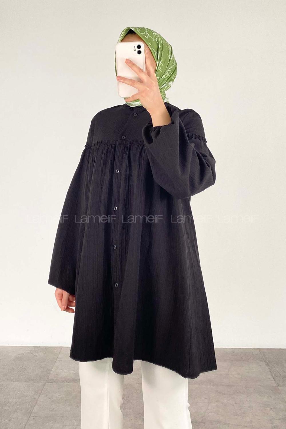 Modalamelif Balon Kol Gofre Gömlek Siyah