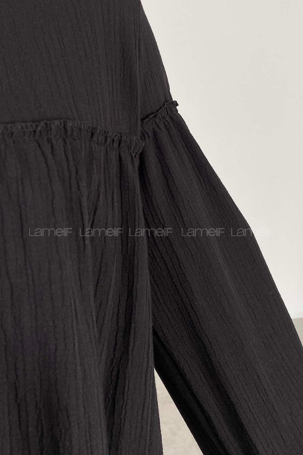 Modalamelif Balon Kol Gofre Gömlek Siyah