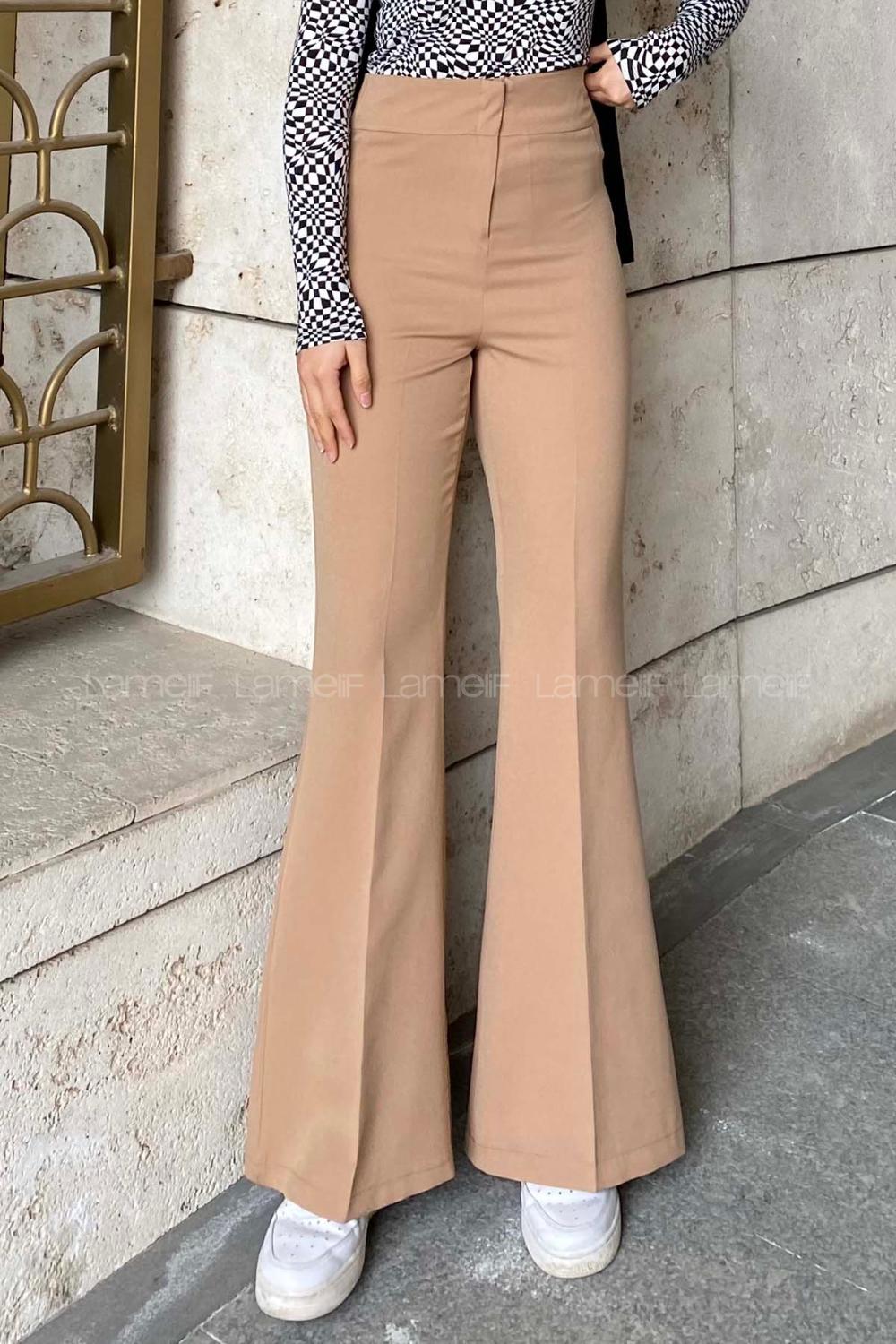Lamelif Yüksek Bel İspanyol Paça Pantolon Sütlü Kahve