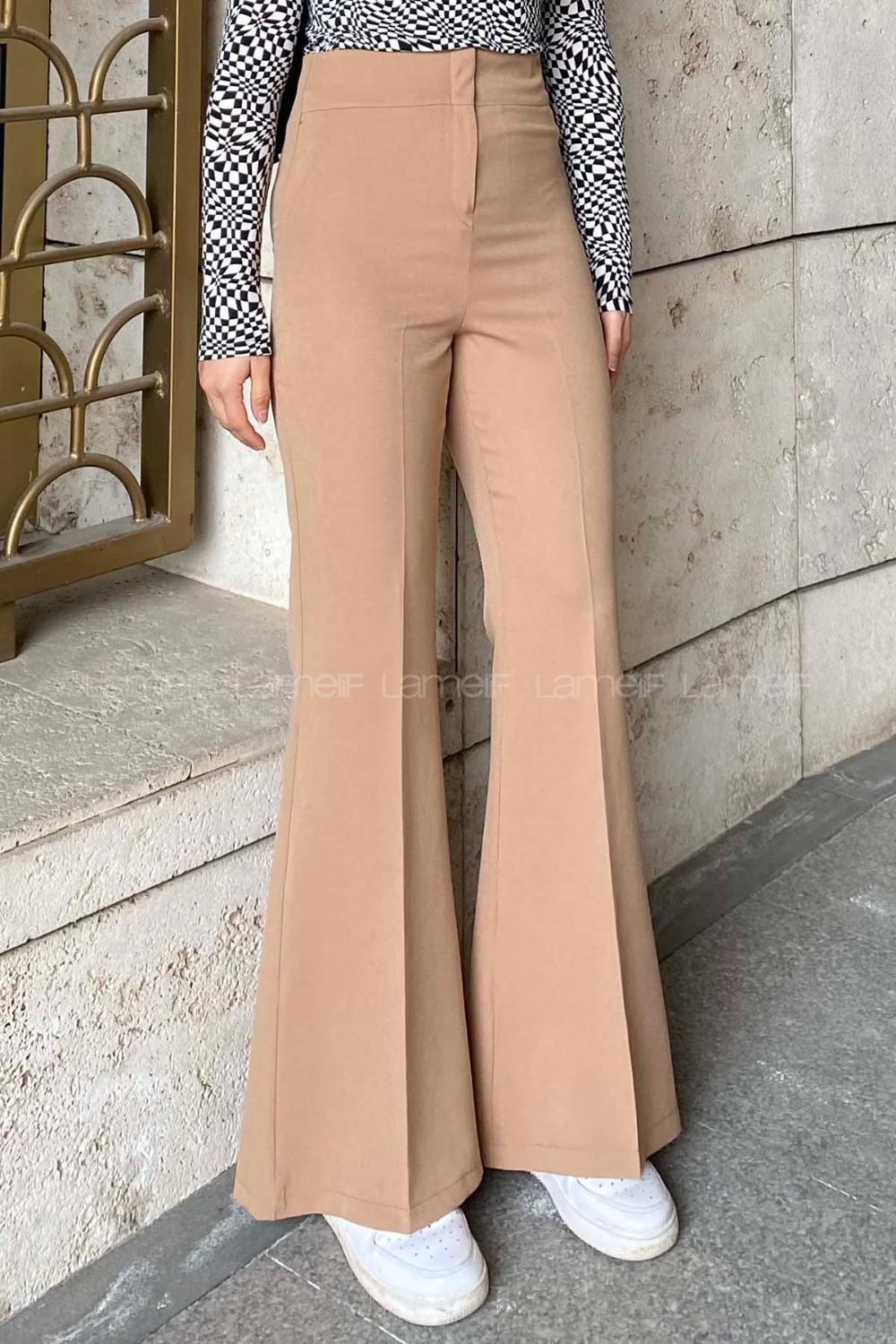 Lamelif Yüksek Bel İspanyol Paça Pantolon Sütlü Kahve