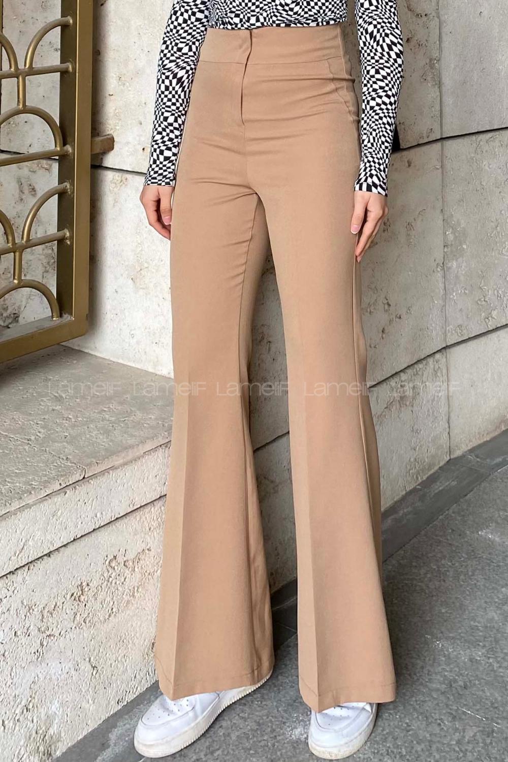 Lamelif Yüksek Bel İspanyol Paça Pantolon Sütlü Kahve
