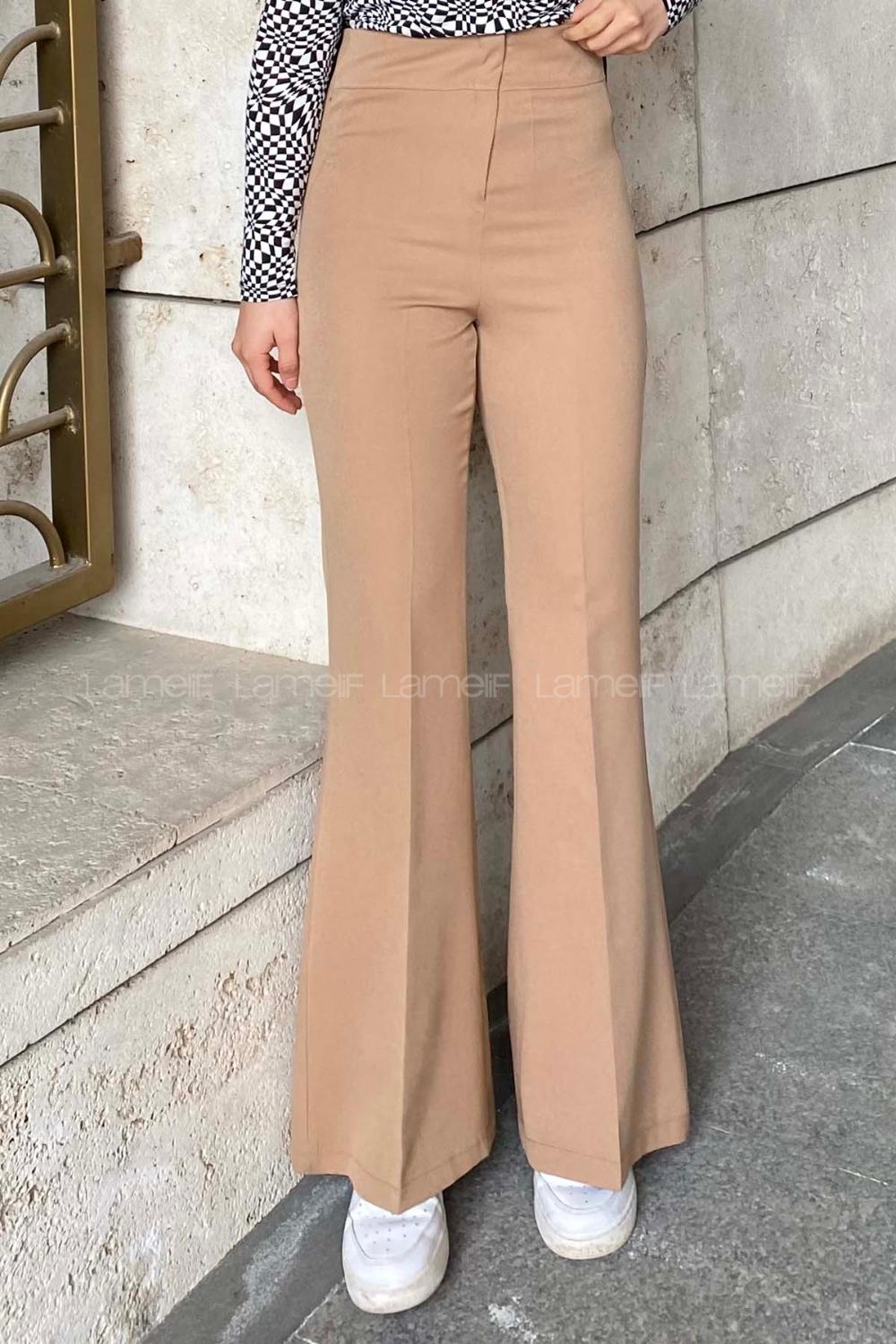 Lamelif Yüksek Bel İspanyol Paça Pantolon Sütlü Kahve