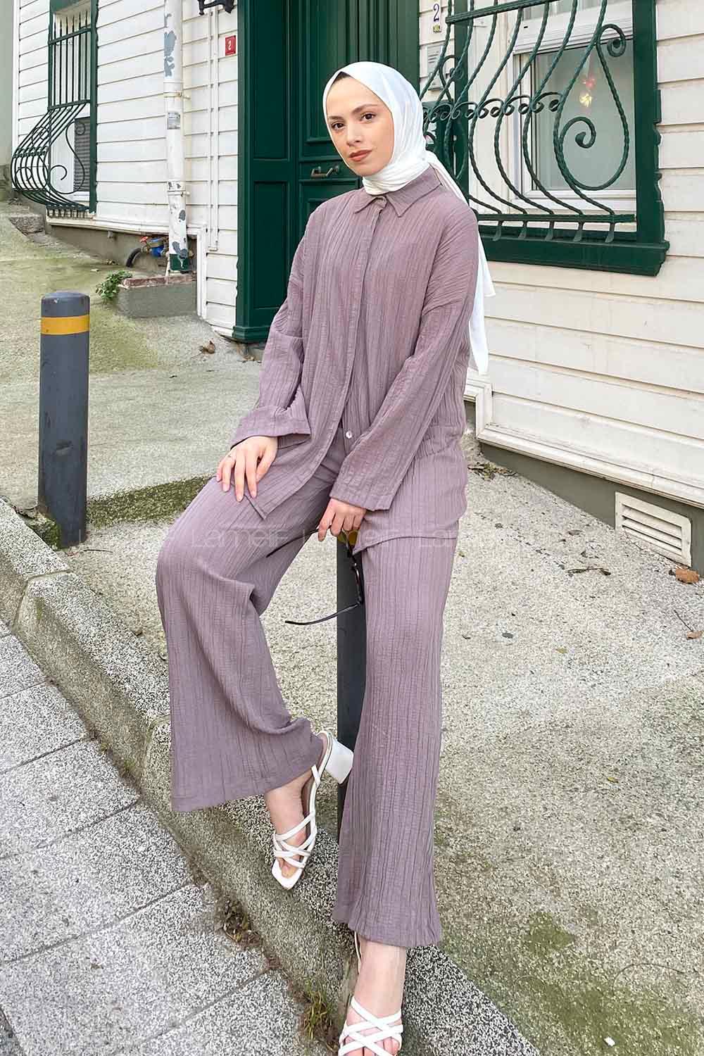 Lamelif İkili Gofre Tesettür Takım Gri Melanj