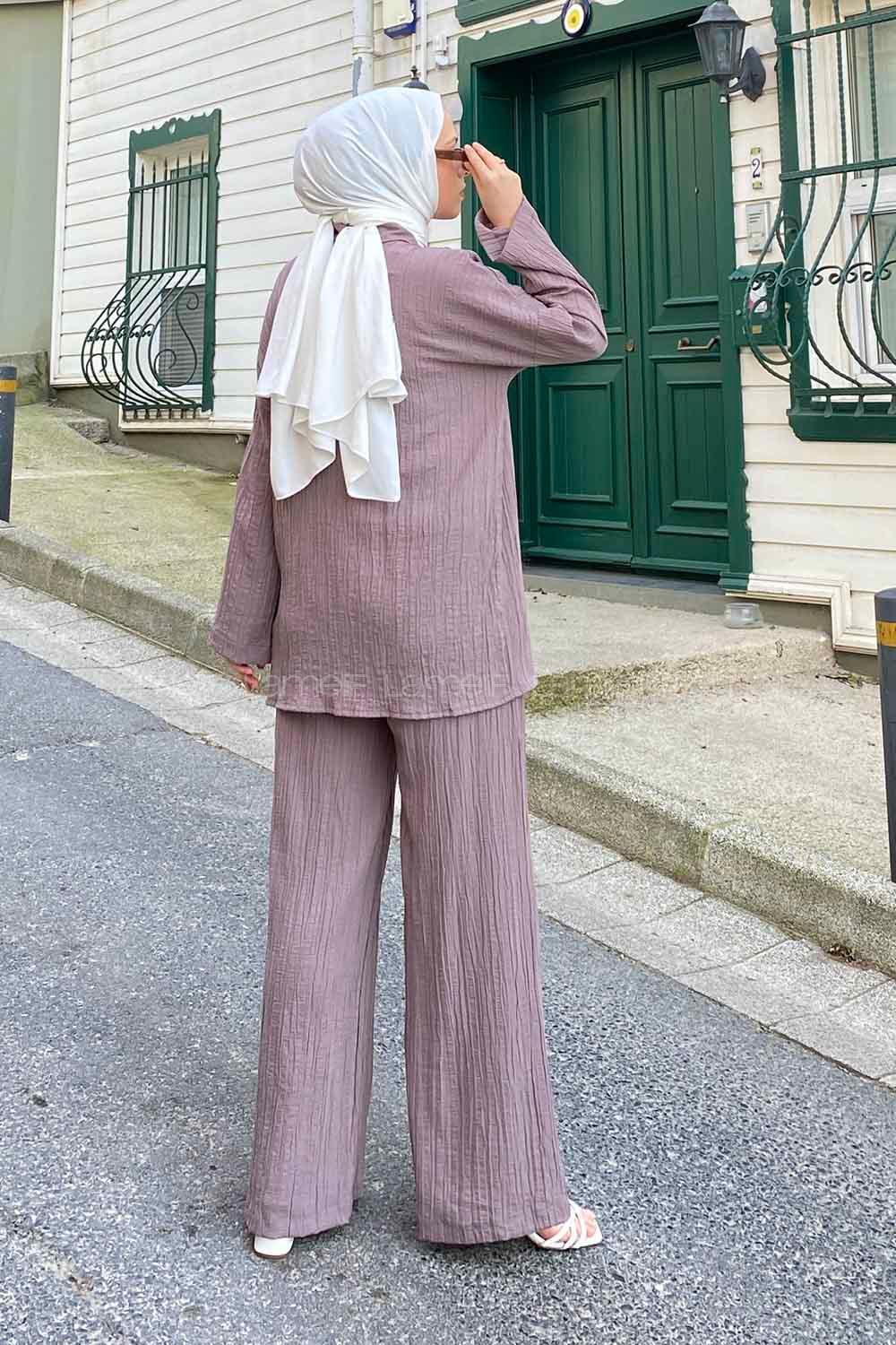 Lamelif İkili Gofre Tesettür Takım Gri Melanj