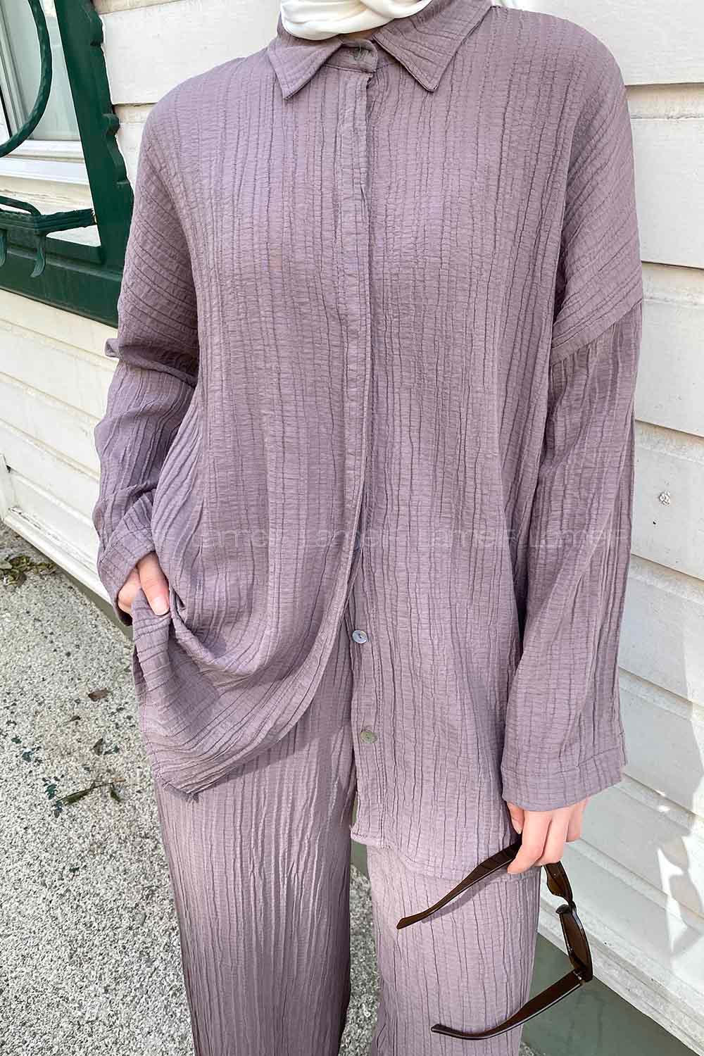 Lamelif İkili Gofre Tesettür Takım Gri Melanj