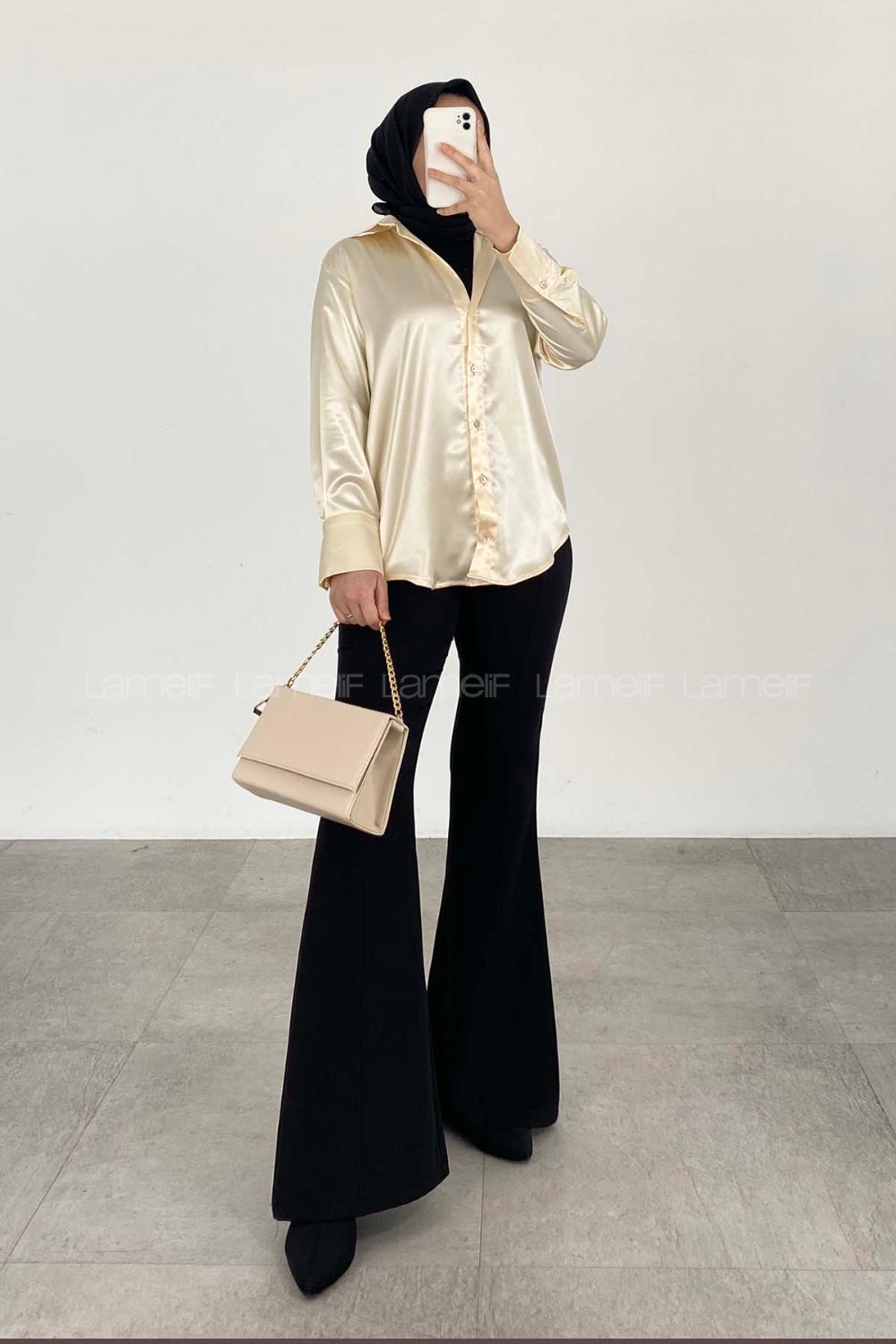 Cream Medium V Neck Shirt Collar Long Arm Unprinted Shirt