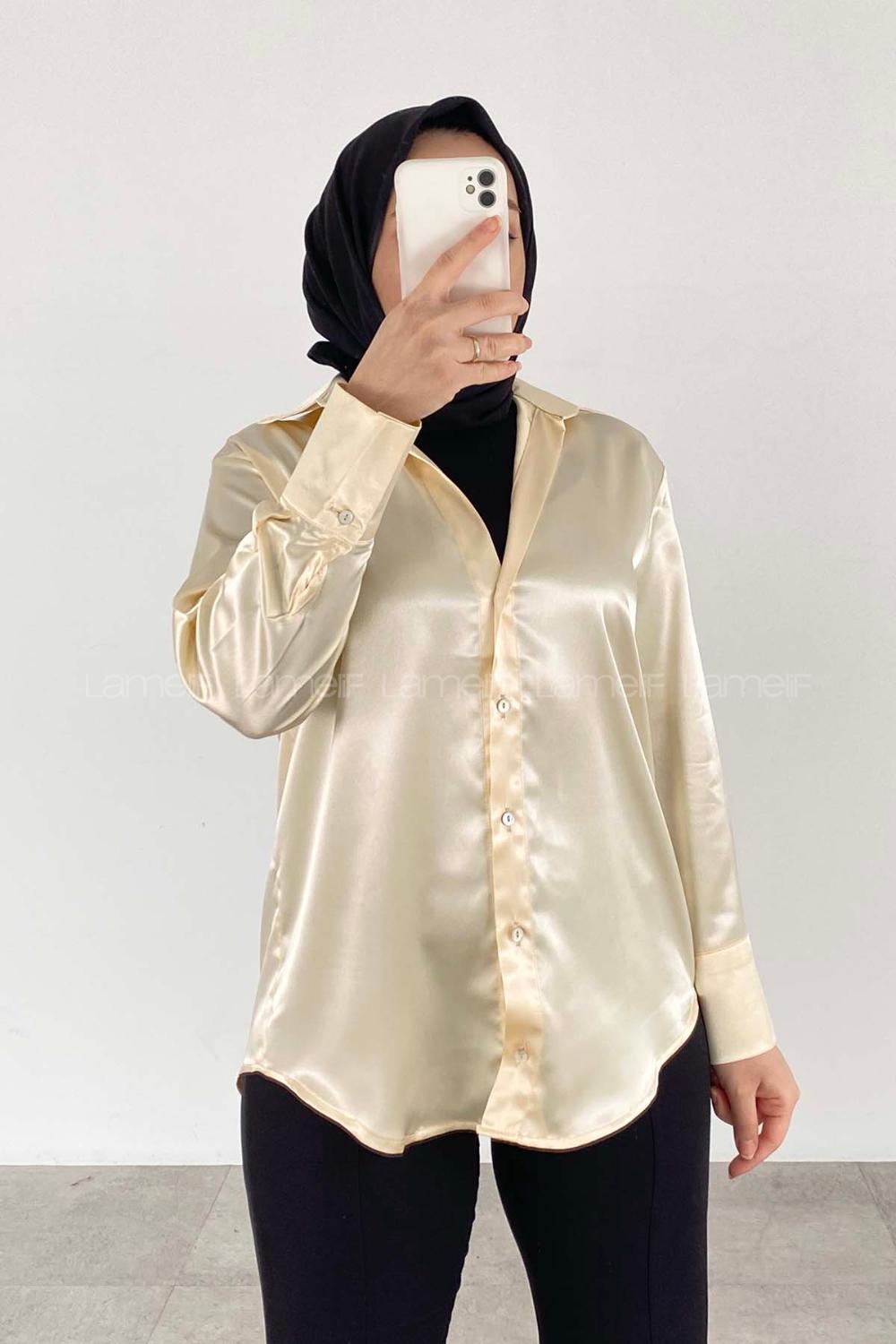 Cream Medium V Neck Shirt Collar Long Arm Unprinted Shirt