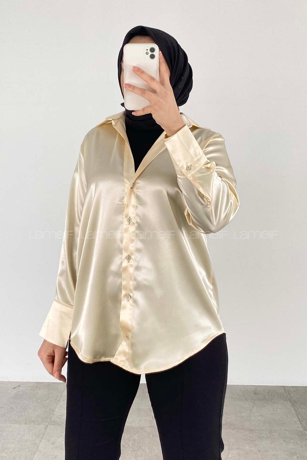 Cream Medium V Neck Shirt Collar Long Arm Unprinted Shirt