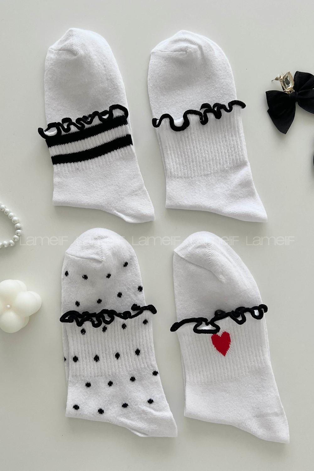 Lamelif  4lü Fırfırlı Desenli Kolej Çorap