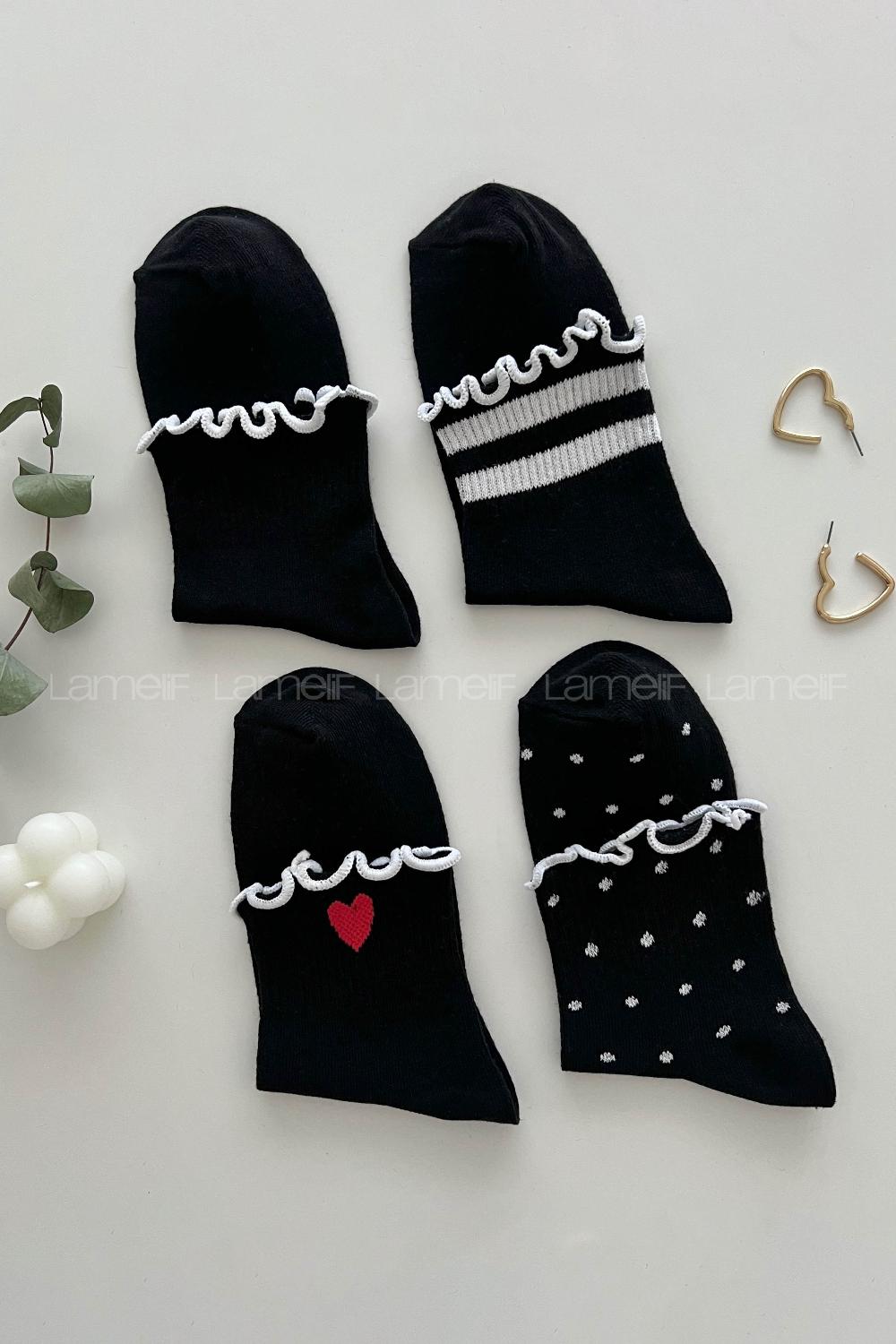 Lamelif  4lü Fırfırlı Desenli Kolej Çorap