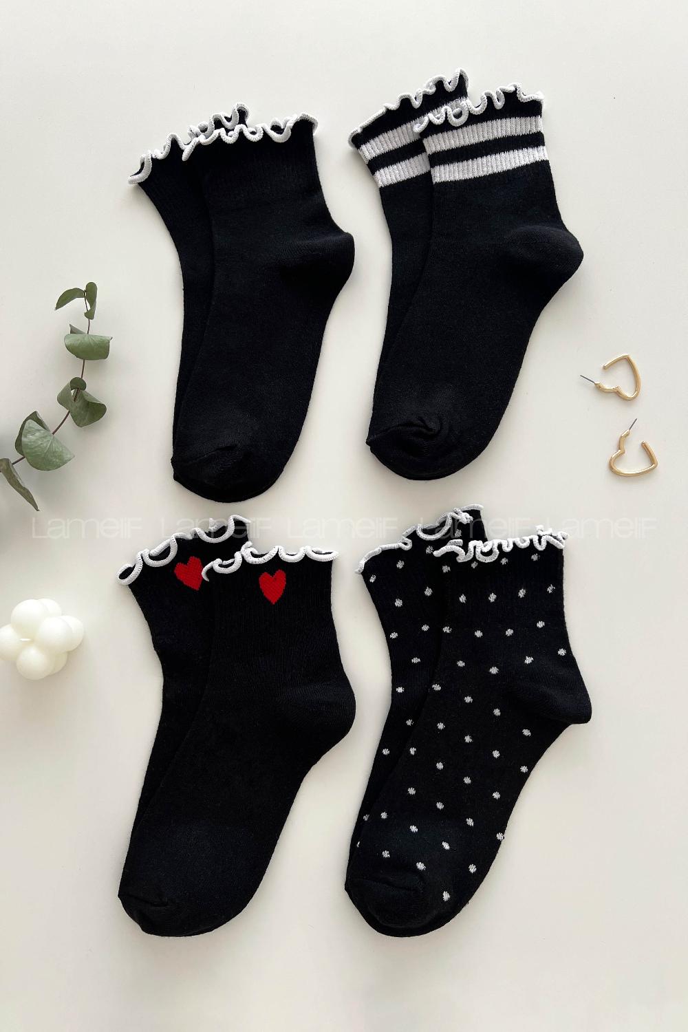 Lamelif  4lü Fırfırlı Desenli Kolej Çorap