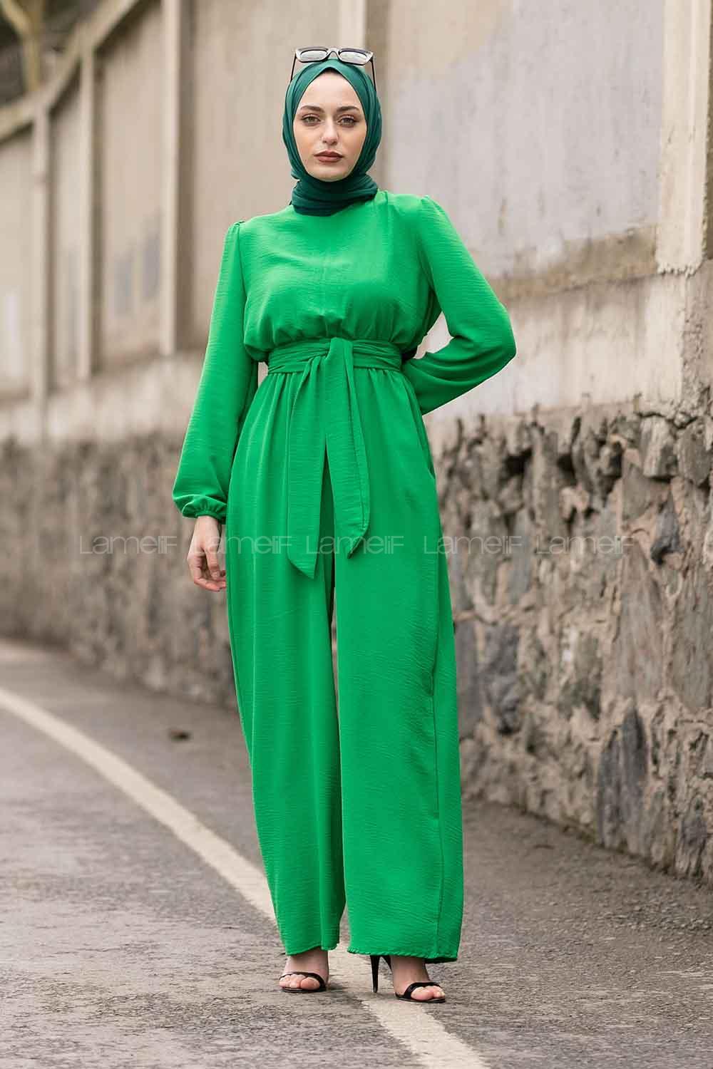 Green Loose Crew Neck Mock Turtle Neck Ayrobin Unprinted Overalls