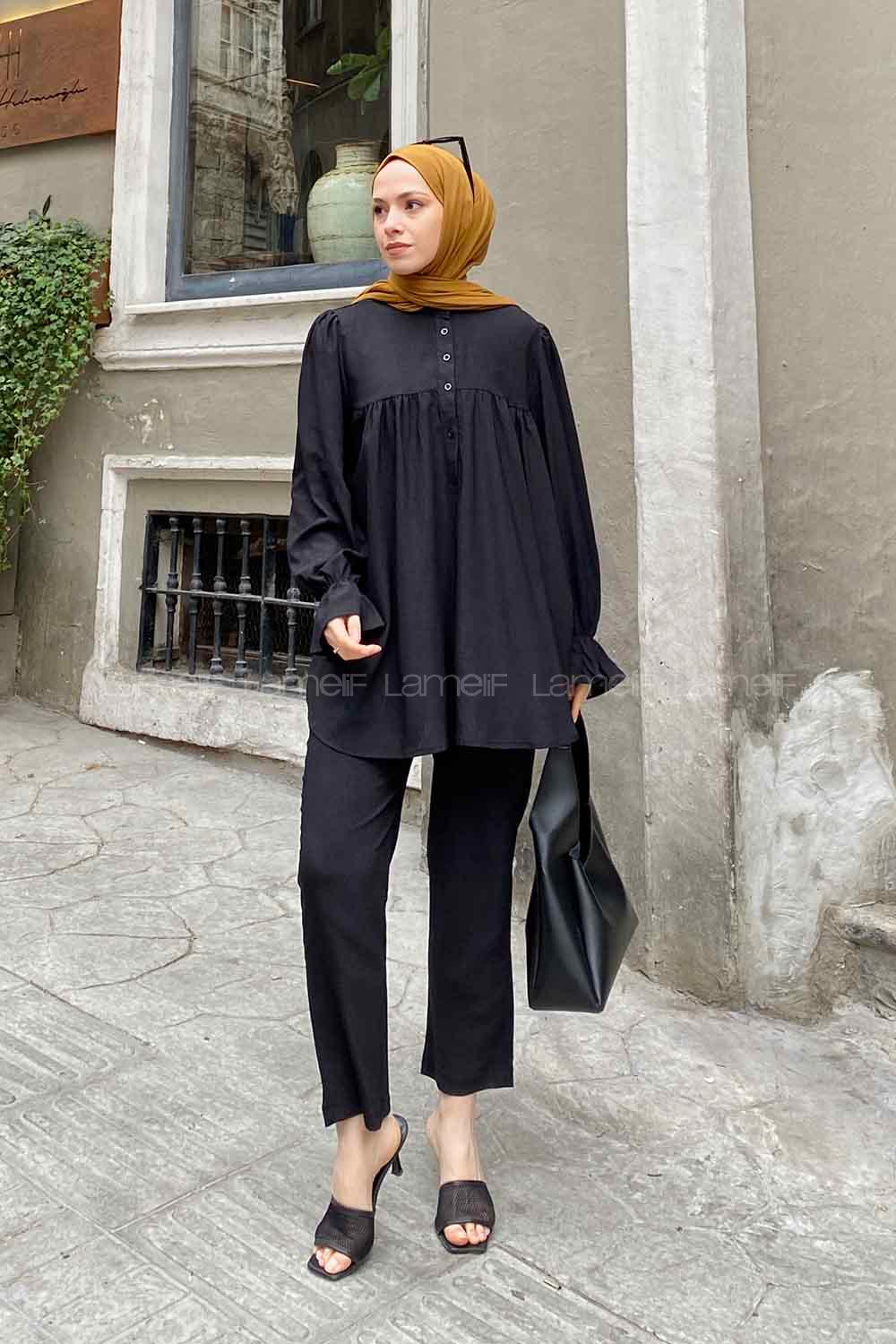 Black Mandarin Collar Long Arm Balloon Sleeve Arm Trousers Comfortable Suit