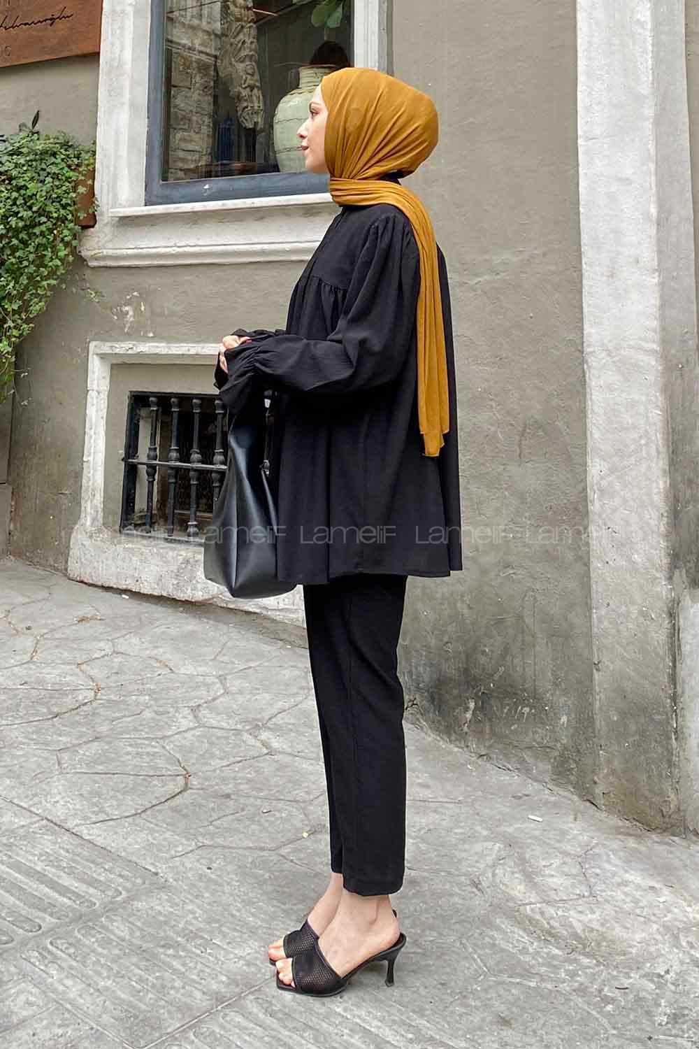 Black Mandarin Collar Long Arm Balloon Sleeve Arm Trousers Comfortable Suit