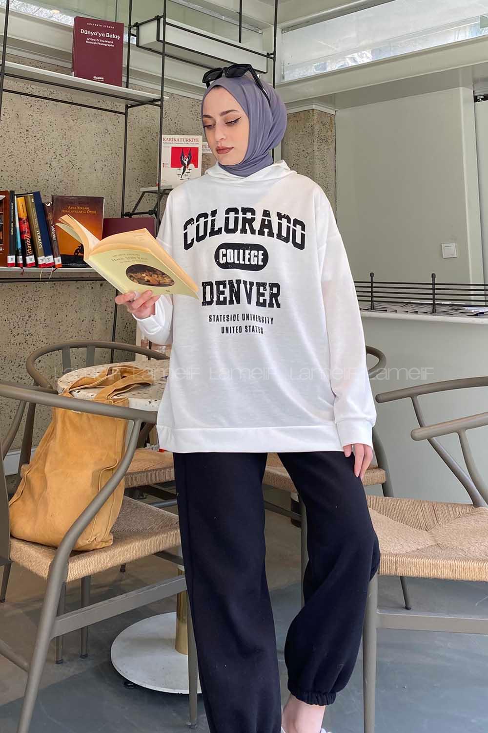 Lamelif Colorado Baskı Detaylı Kapüşonlu Sweatshirt Beyaz