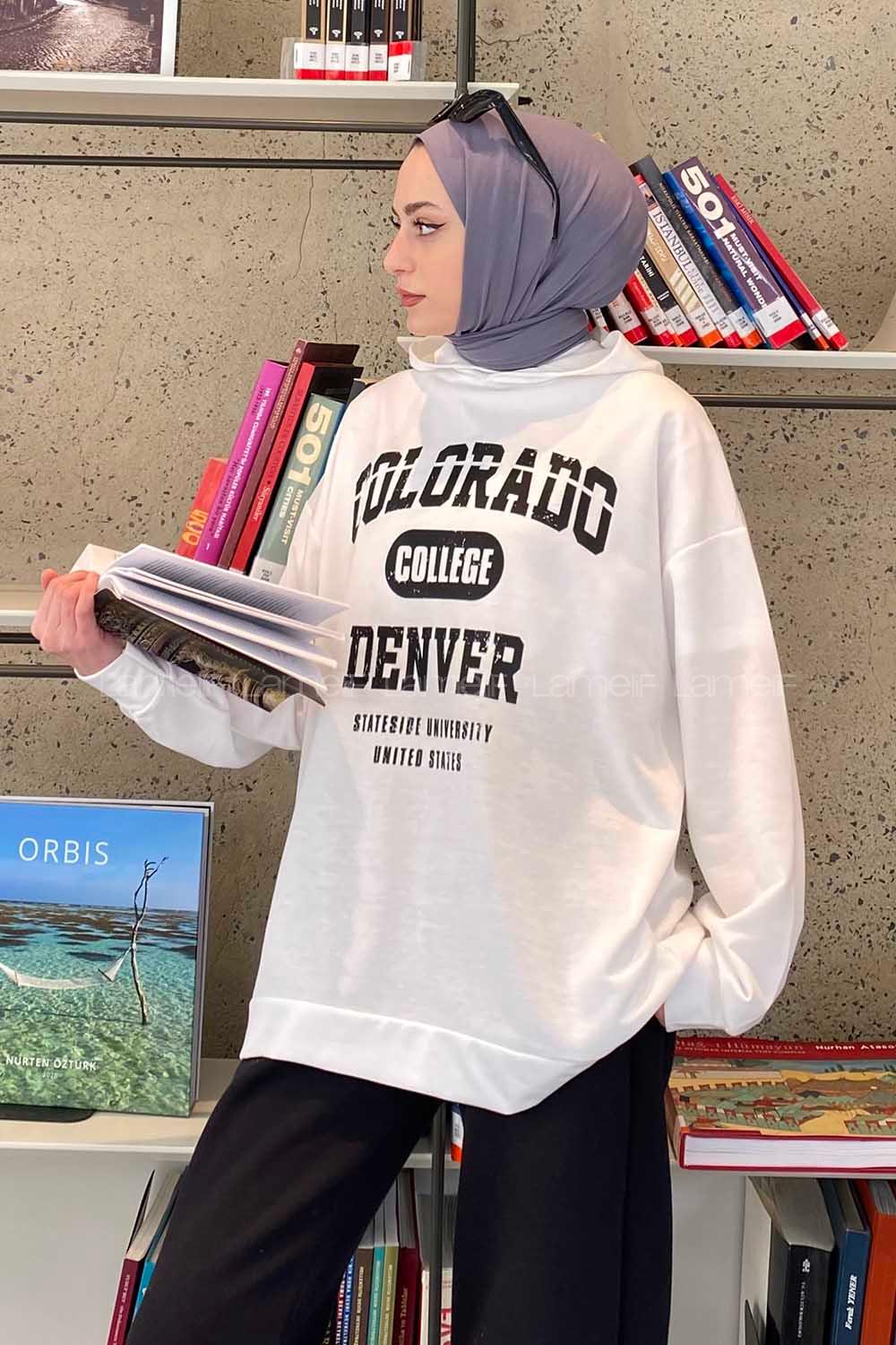Lamelif Colorado Baskı Detaylı Kapüşonlu Sweatshirt Beyaz