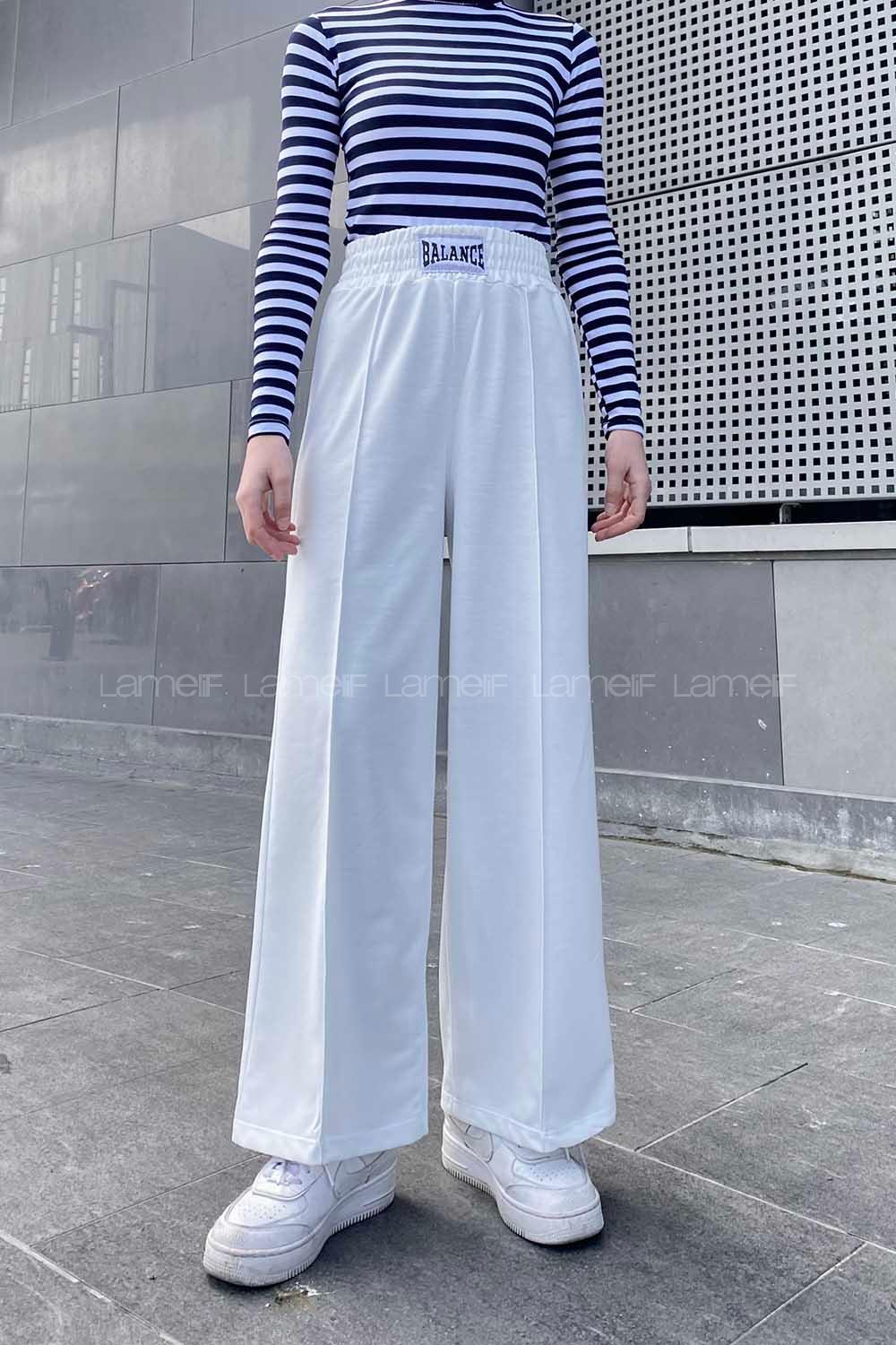 White Elastic Trousers Elastic Waist Regular Cut Bottom Tracksuit