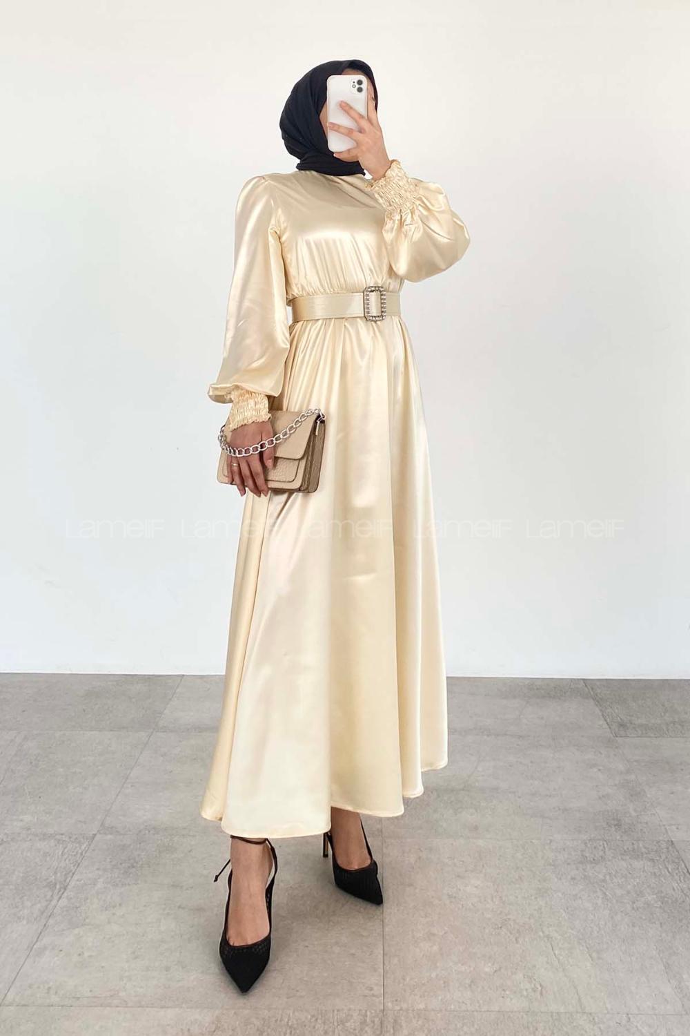 Modalamelif Mevlana Model Saten Elbise Krem