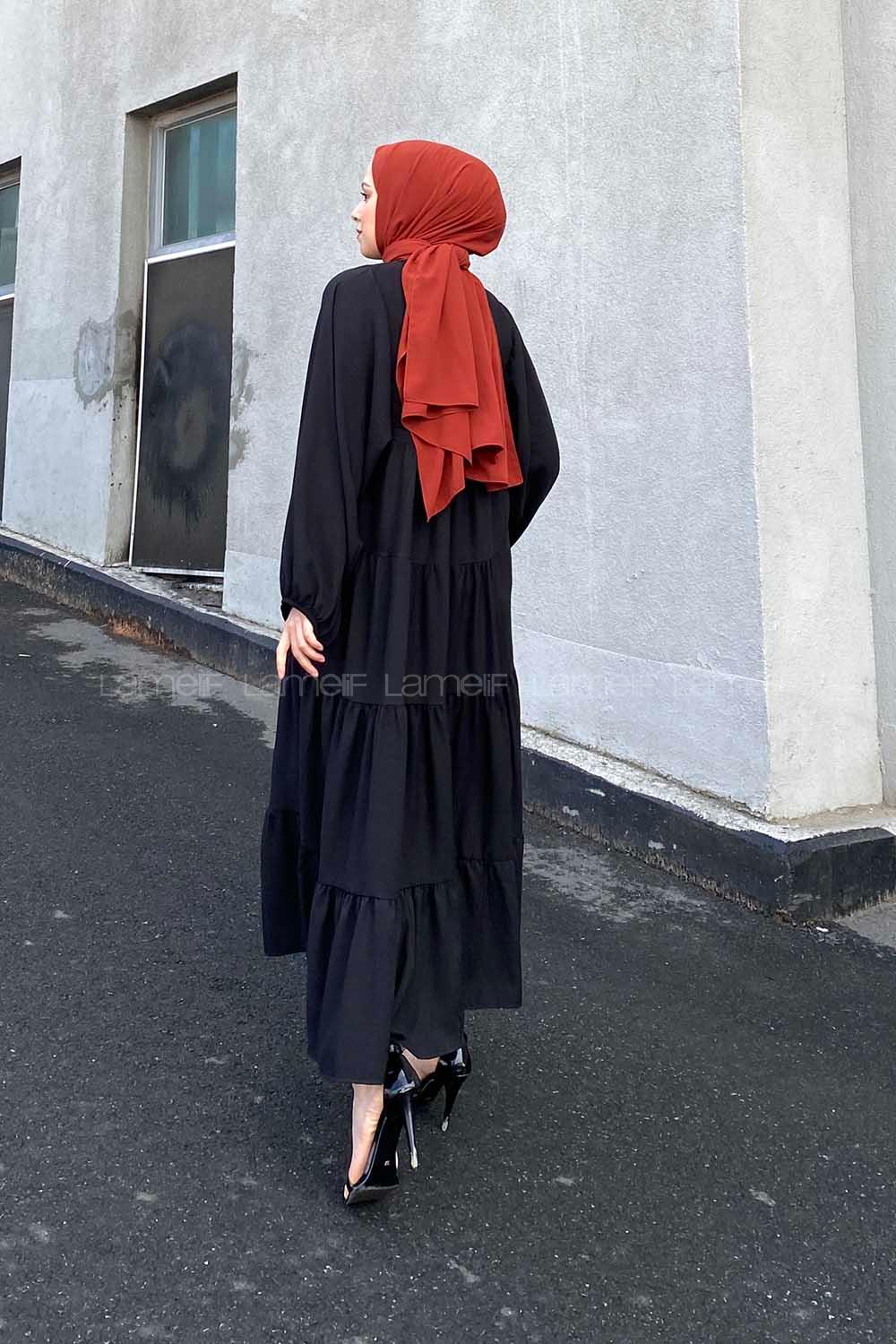 Lamelif Yaka Bağlamalı Katlı Elbise Siyah