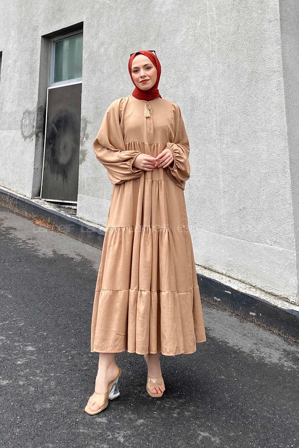 Brown With Milk Medium Crew Neck Cotton Fabric Ayrobin Unprinted Dresess