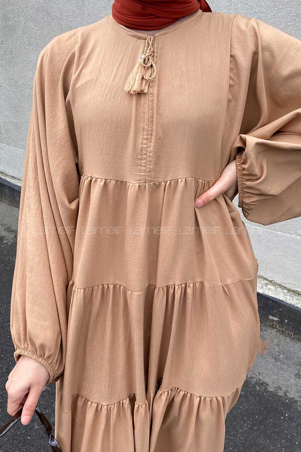 Brown With Milk Medium Crew Neck Cotton Fabric Ayrobin Unprinted Dresess